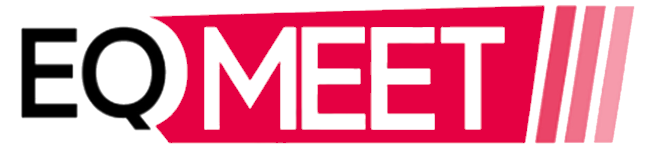 EQ Meet logotyp med EQ i svart, MEET med vita bokstäver på rödrosa bakgrund